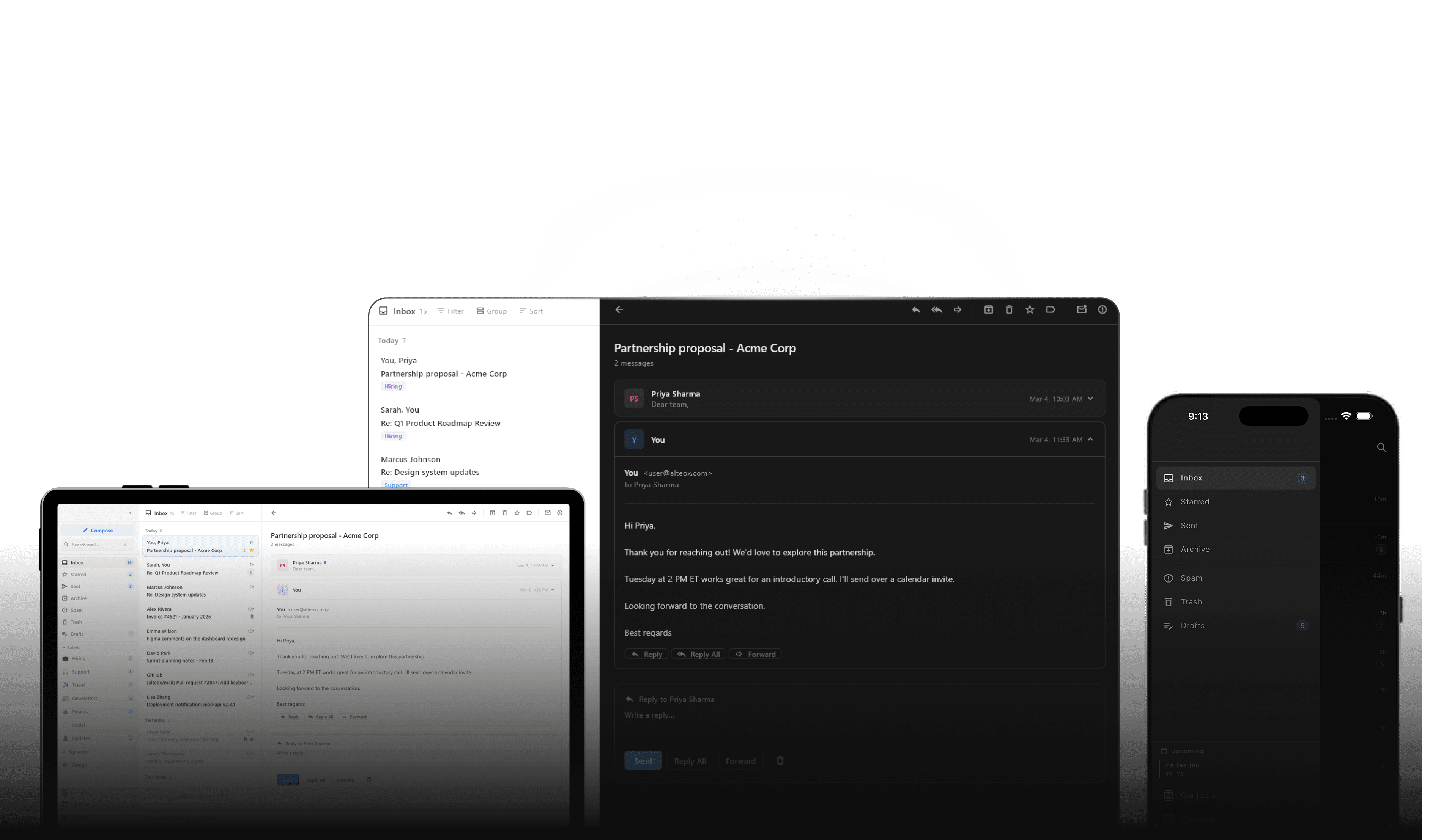 Bréifkëscht Mail on desktop, tablet and mobile